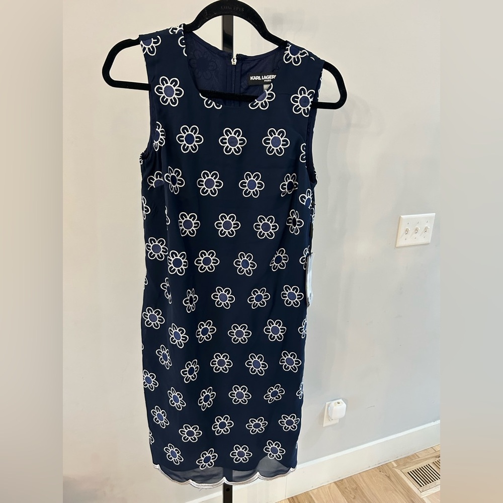 Karl Lagerfeld Navy Blue Sleeveless Midi Dress with White Floral Motif